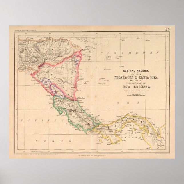Poster Carte de l'Amérique centrale ancienne (1857) Pays  (Devant)