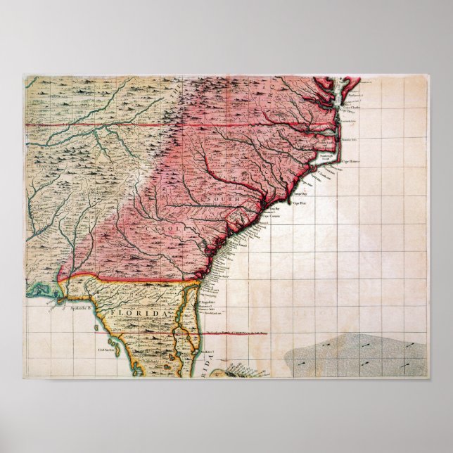 POSTER CARTE DE L'AMÉRIQUE COLONIALE, 1733 (Devant)