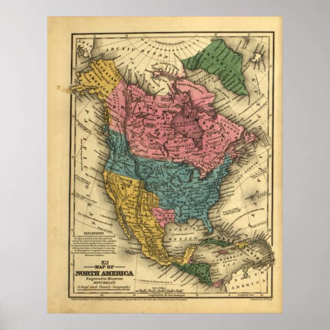 Poster Carte de l'Amérique du Nord 1839 (Devant)