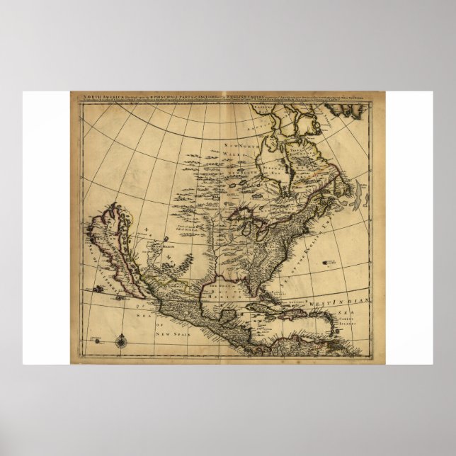 Poster Carte de l'Amérique du Nord, anglais, vers 1685 (Devant)
