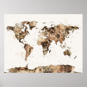 Poster Carte de l'aquarelle de sépia de carte du monde