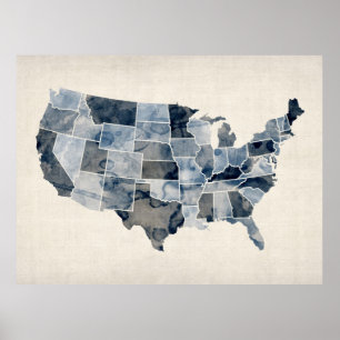 Poster Carte de l'aquarelle des États-Unis