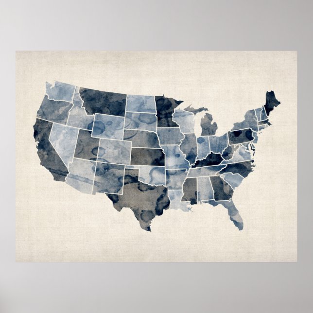 Poster Carte de l'aquarelle des États-Unis (Devant)