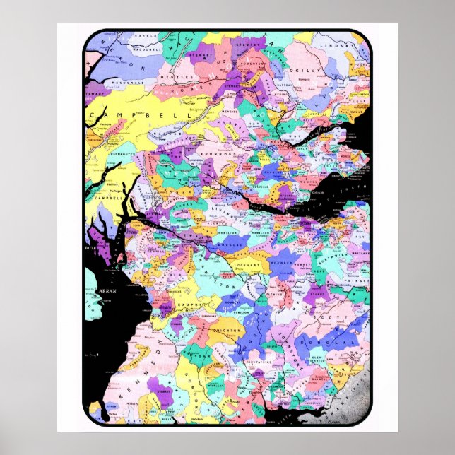 Poster Carte de l'Écosse Noms des clans écossais Emplacem (Devant)