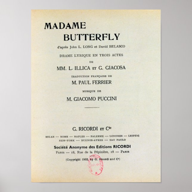 Poster Carte de lecture pour Madame Butterfly par Giacomo (Devant)