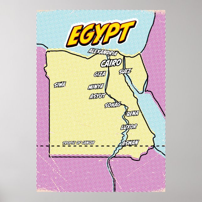 Poster Carte de l'Egypte illustrée par Pop Art (Devant)