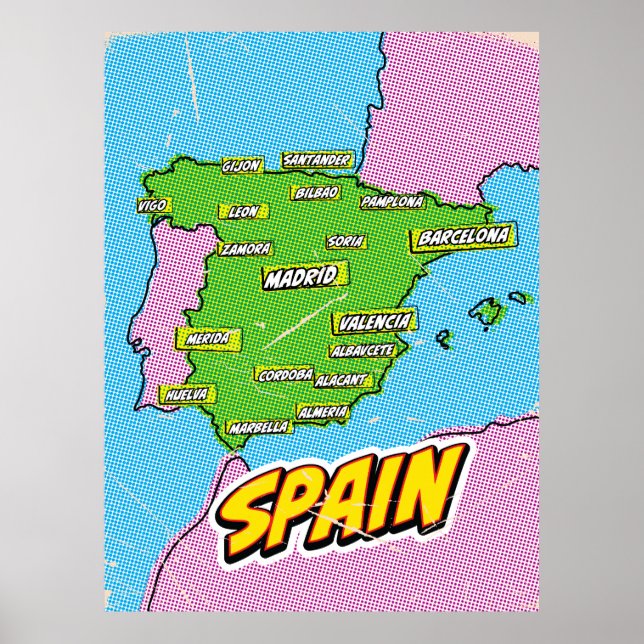 Poster Carte de l'Espagne illustrée par Pop Art (Devant)