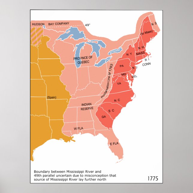Poster Carte de l'est de l'Amérique du Nord en 1775 (Devant)