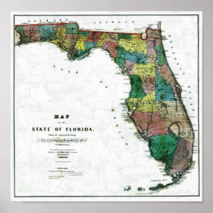 Poster Carte de l'État de Floride en 1856 par Columbus Dr