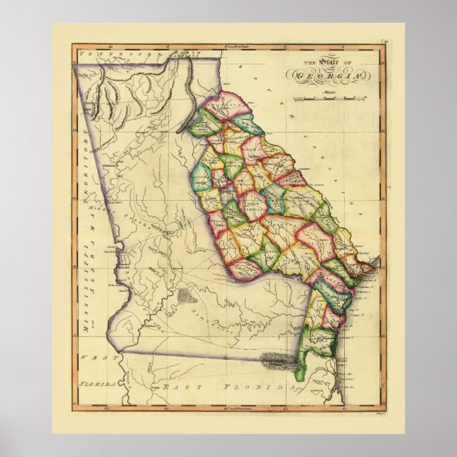 Poster Carte de l'état de Géorgie (vers 1810) (Devant)