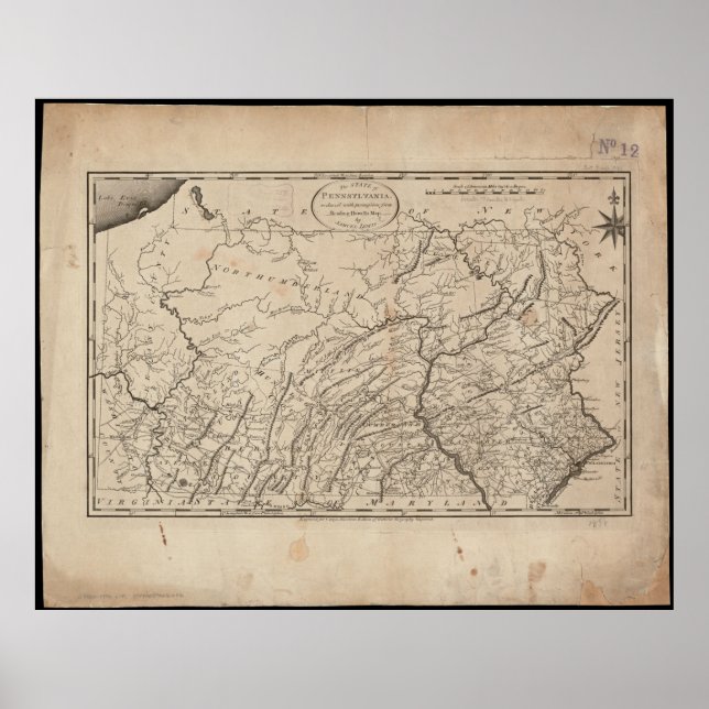Poster Carte de l'état de la Pennsylvanie Vintage (Devant)