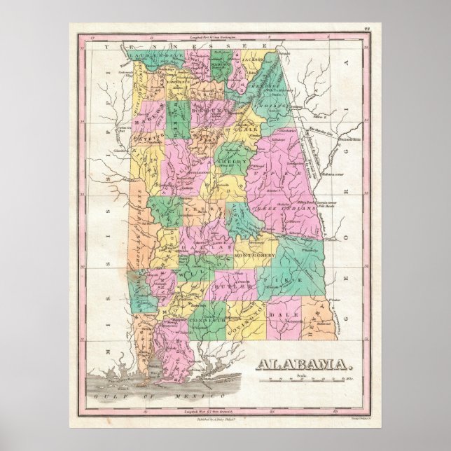 Poster Carte de l'État de l'Alabama vintage (1827) (Devant)