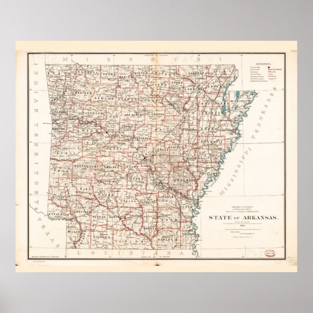 Poster Carte de l'état de l'Arkansas (1886) (Devant)