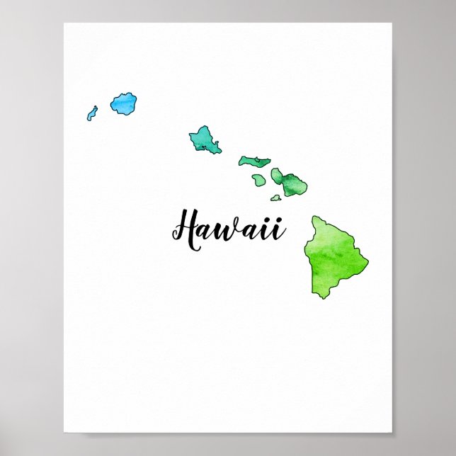 Poster Carte de l'État d'Hawaii Aquarelle colorée (Devant)