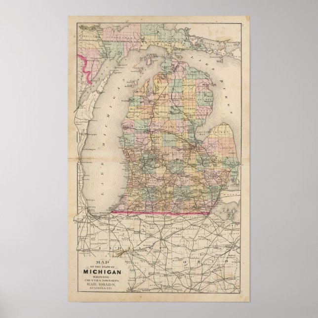 Poster Carte de l'état du Michigan Atlas (Devant)