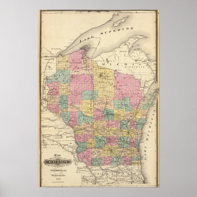 Poster Carte de l'État du Wisconsin (Devant)