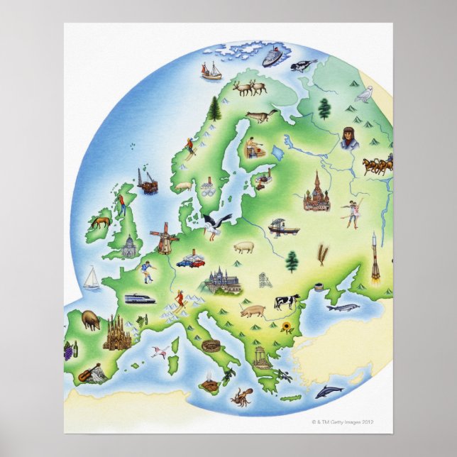 Poster Carte de l'Europe avec des illustrations de célèbr (Devant)