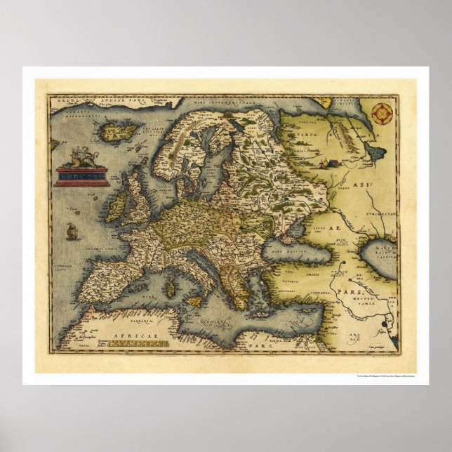 Poster Carte De L'Europe Par Ortelius 1570 (Devant)