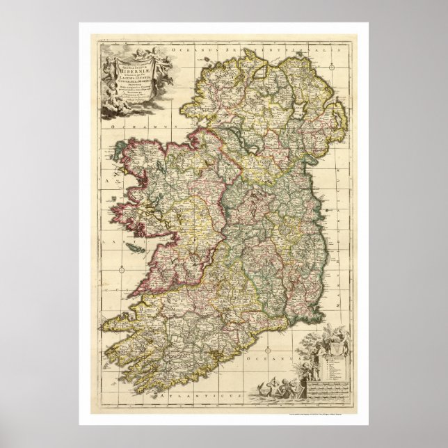 Poster Carte de l'Irlande par Frederik de Wit 1710 (Devant)