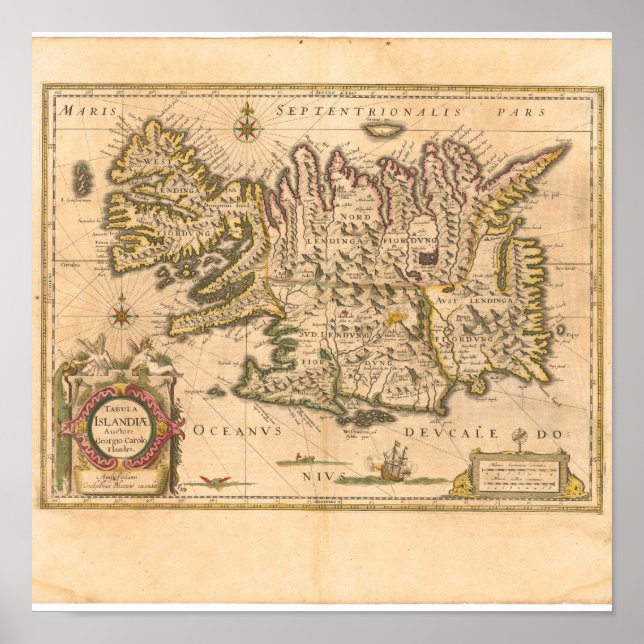 Poster Carte de l'Islande (Blaeu, 1645) (Devant)