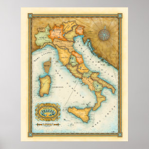 Poster "Carte de l'Italie" "Mappa De Italie "