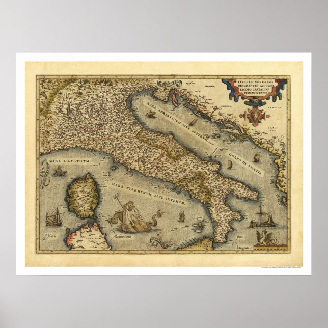 Poster Carte De L'Italie Par Ortelius 1570 (Devant)
