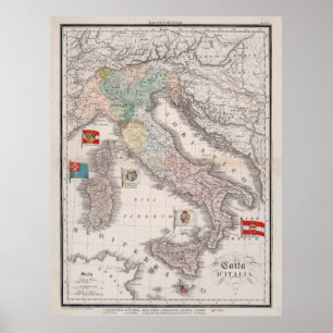 Poster Carte de l'Italie Vintage avec drapeaux (1842)