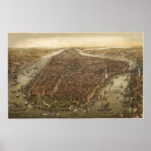 Poster Carte de l'oeil de l'oiseau de Manhattan New York