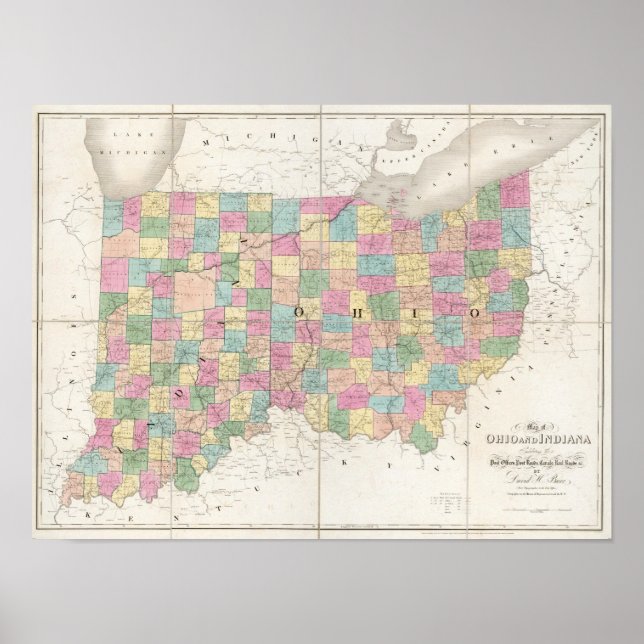 Poster Carte de l'Ohio et de l'Indiana (Devant)
