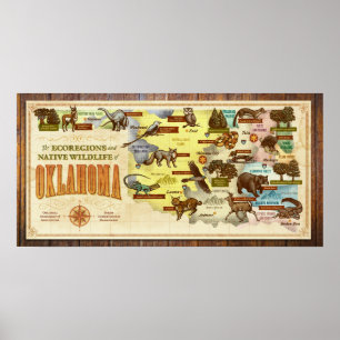 Poster Carte de l'Oklahoma : Ecoregions et faune indigène