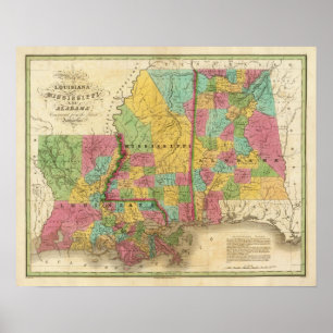 Poster Carte de Louisiane Mississippi Et Alabama