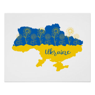 Poster Carte de l'Ukraine avec tournesol et drapeau ukrai