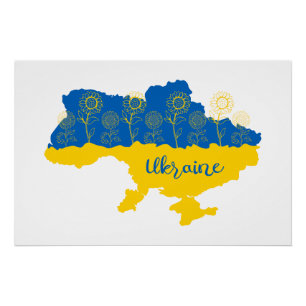 Poster Carte de l'Ukraine avec tournesol et drapeau ukrai