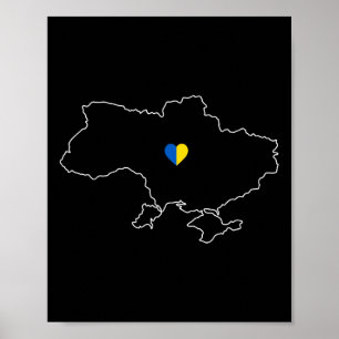 Poster Carte de l'Ukraine avec un cœur en jaune bleu ukra