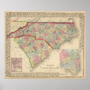 Poster Carte de N et de S Caroline par Mitchell