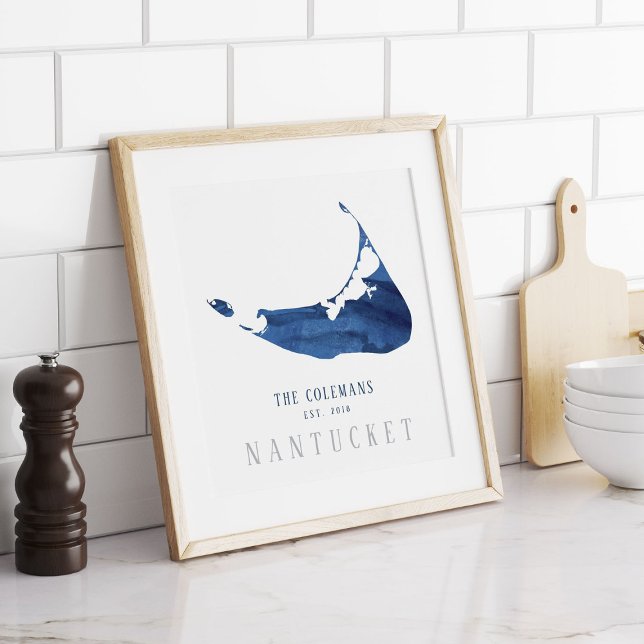 Poster Carte de nantucket bleu Aquarelle Famille établie (Créateur téléchargé)