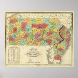 Poster Carte de New Jersey et du Delaware de la