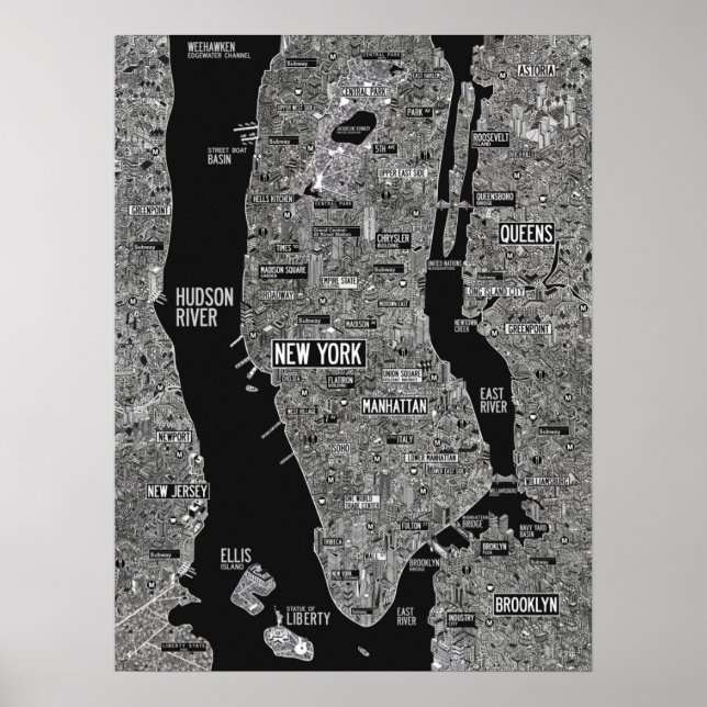 Poster Carte de New York dessinée à la main noir blanc (Devant)