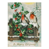 Carte de Noël vintage avec rouges-gorges, houx, ég