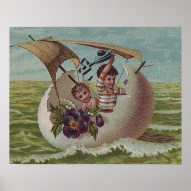 Poster Carte de Pâques vintage, enfants naviguant (Devant)