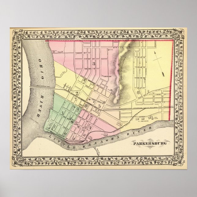 Poster Carte de Parkersburg, Virginie-Occidentale (Devant)