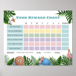 Poster Carte de récompense des animaux de Safari tropicau