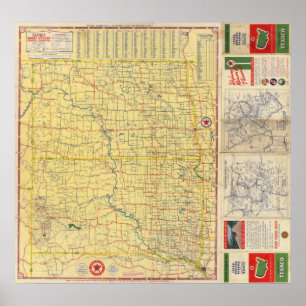 Poster Carte de route N et S Dakota