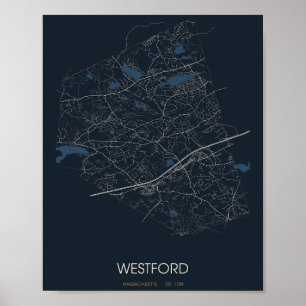 Poster Carte de rue de Westford Massachusetts (Nuit)