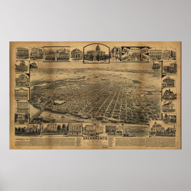 Poster Carte de Sacramento, Oiseaux-Vue, 1890 (Devant)