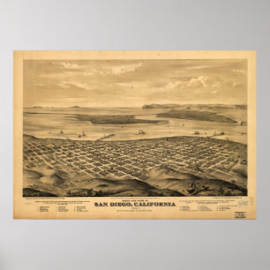 Poster Carte de San Diego, Vue Oiseaux-Oeil, 1880
