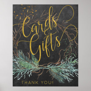 Poster Carte de script or de la nature hivernale et signe