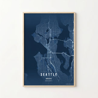 Poster Carte de Seattle en bleu, impression, Washington, 