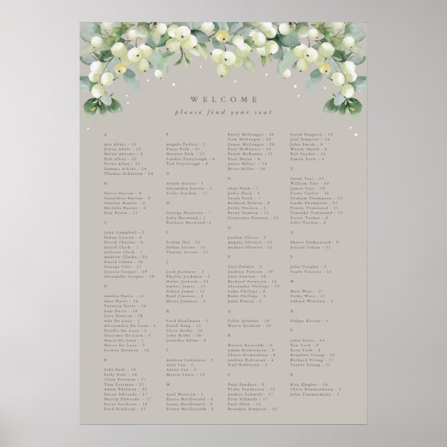 Poster Carte de siège alphabétique 20x28" pour 150 person (Devant)