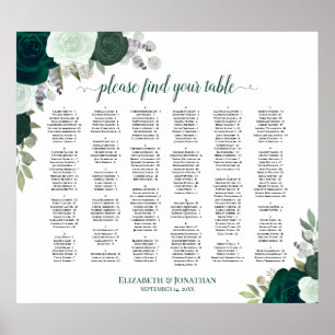 Poster Carte de siège alphabétique Emerald Green Floral